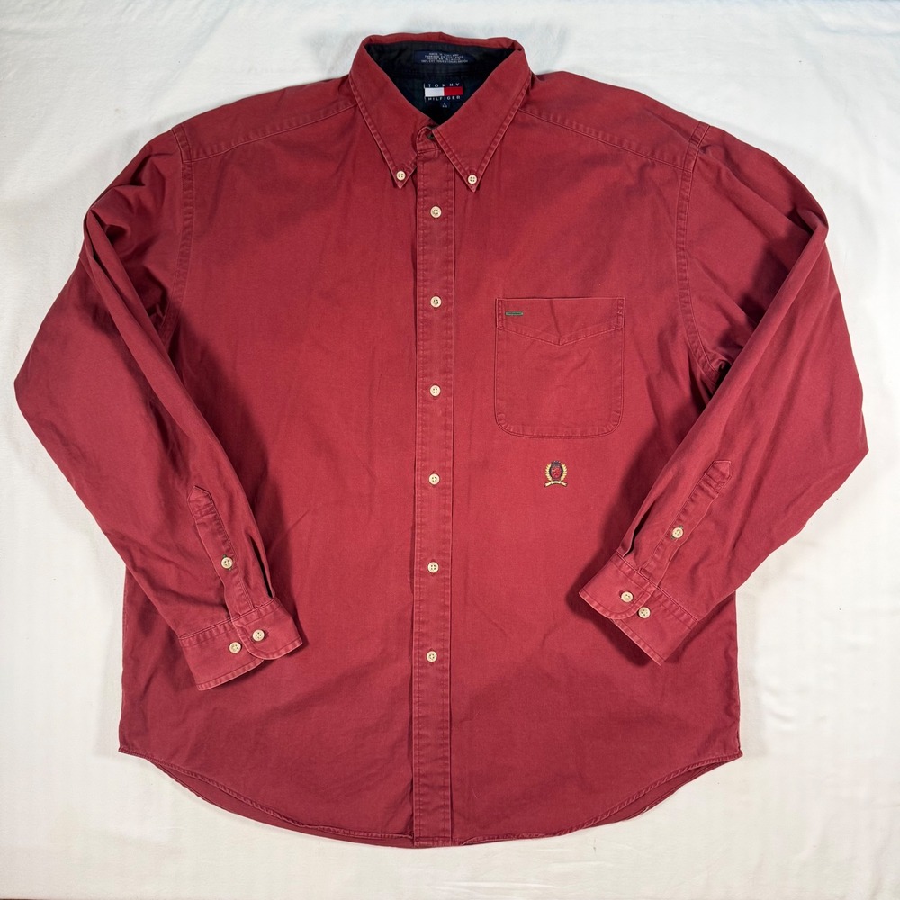 Tommy Hilfiger Mens Red Long Sleeve Button Down Shirt Crest Logo Cotton Large